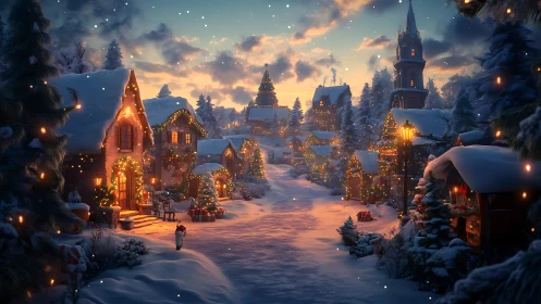 Snow-dusted Christmas lane glowing with twilight wonder.