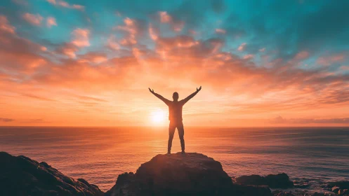 Silhouette on coastal cliff against vivid sunset sky.