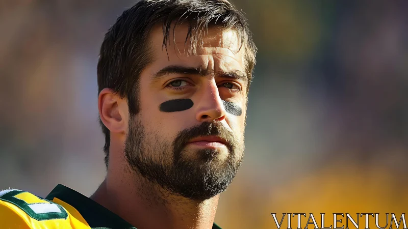 Stoic gridiron guardian in sunlit pregame focus mode.