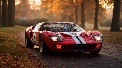 Vintage red racer hums softly through golden autumn haze