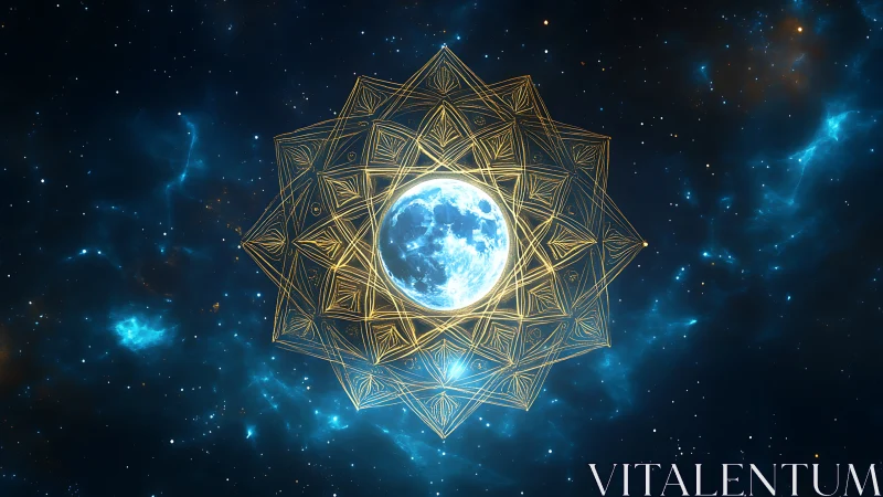 Starlit mandala circles a glowing moon in deep blue space