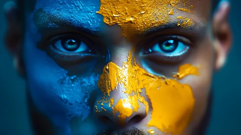 Human face in close-up with blue and yellow paint applied.
