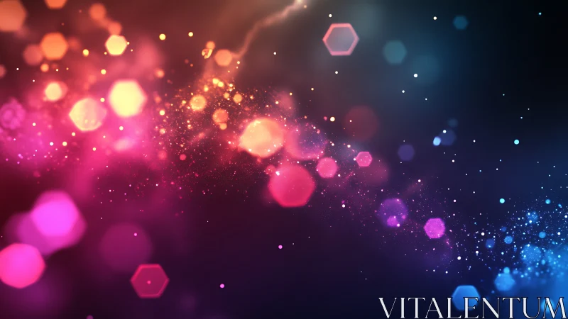 Colorful hexagon bokeh lights swirl across a cosmic gradient.