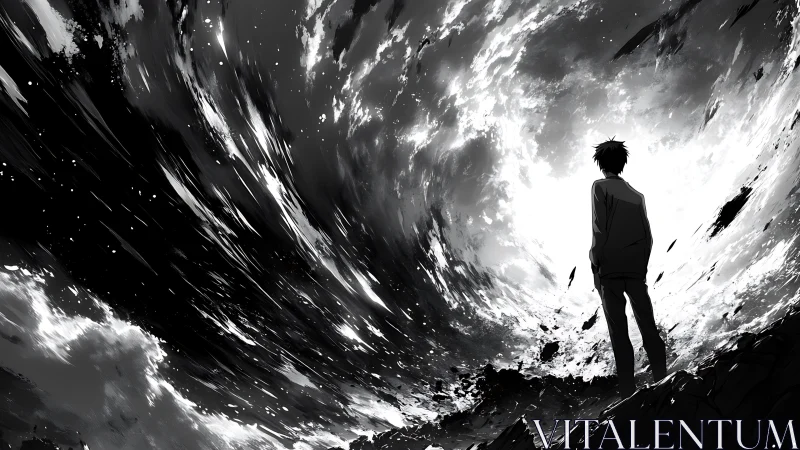 Solitary figure facing swirling monochrome storm sky.