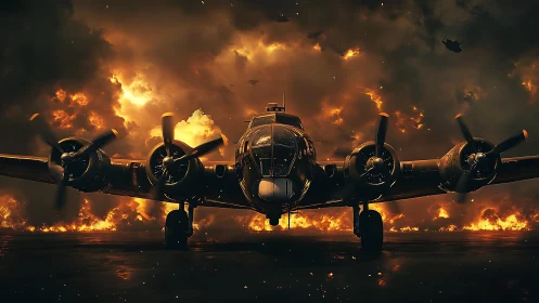 Front-facing four‑engine bomber rendered in dramatic firelit contrast