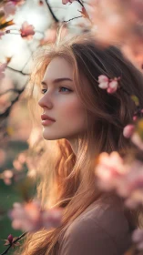 Photorealistic spring portrait within soft floral bokeh field.