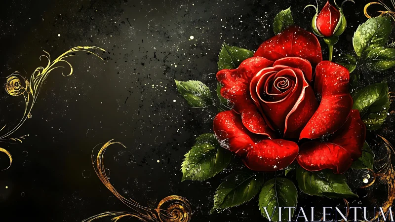 Red rose with water droplets and ornate gold scrollwork on dark background.