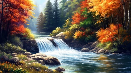 Autumn forest river with small waterfall in soft sunlight.