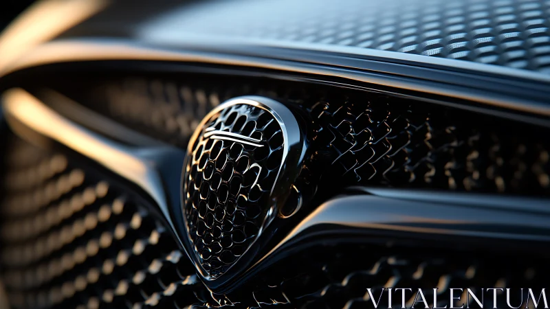 Close-up shows reflective black luxury car grille and badge