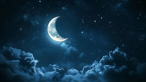 Crescent moon drifts like a silver boat through cloud tides