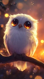Luminous white owl with oversized amber eyes at dusk.