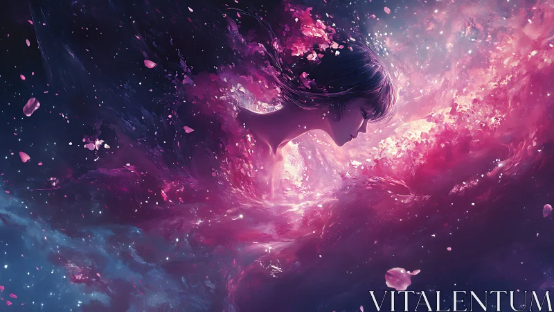 Celestial woman dissolving into luminous cosmic blossoms.