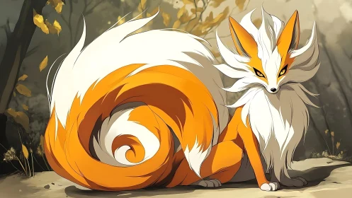 Fox spirit with nine flowing tails rests in autumn forest