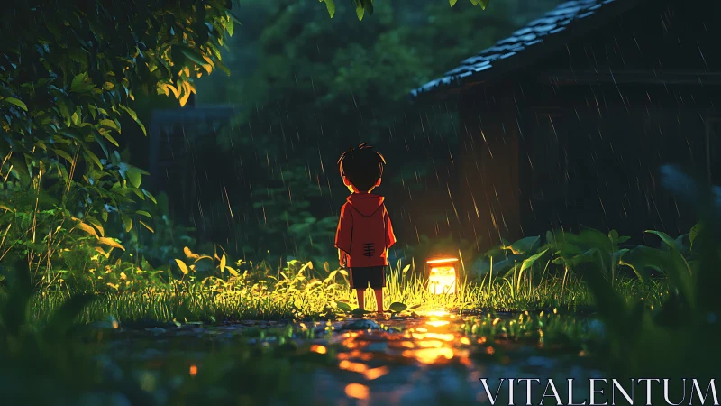 Gentle rainy night walk with a lantern and quiet wonder.