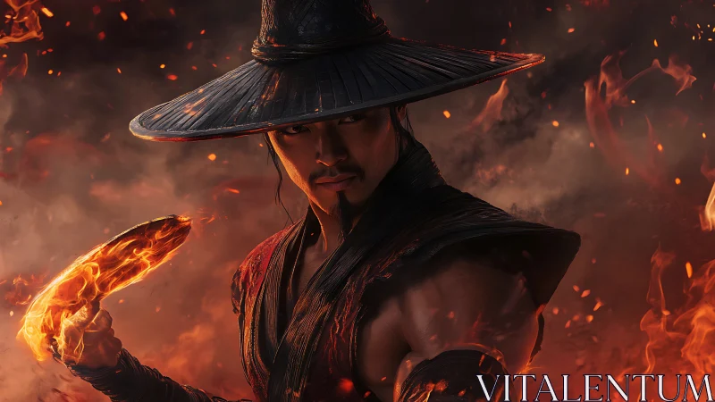 Fire-wielding warrior stands defiant in swirling embers