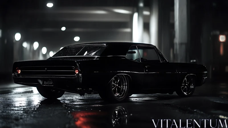 Nocturnal muscle coupe under wet urban specular lighting matrix.