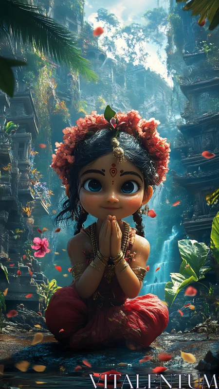 Child figure in red attire before jungle temple ruins.