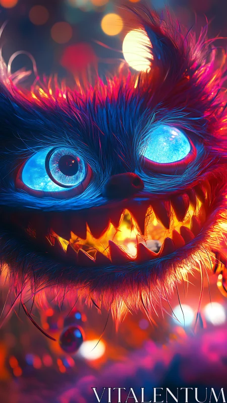 Neon-furred monster grinning under electric bokeh glow.