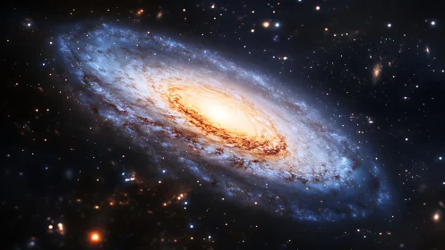 Luminous spiral galaxy swirling through deep space night.