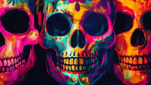 Triad of multicolored skulls in frontal alignment, stylized.