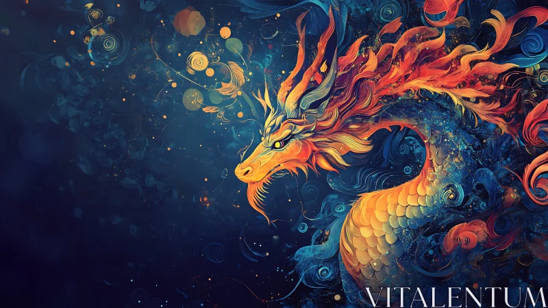 Fiery orange dragon curls through swirling blue abstract space.
