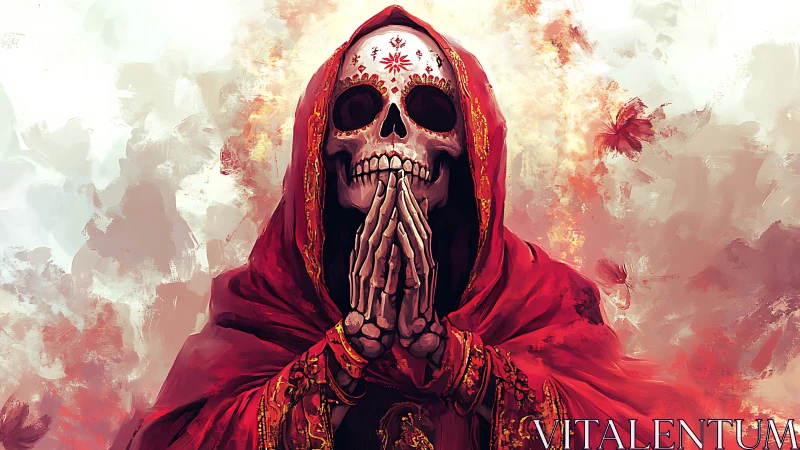 Hooded skeletal figure in ornate red robe rendered as digital icon