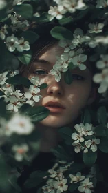 Floral occlusion portrait with cinematic depth of field rendering.