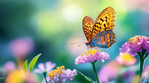 Orange butterfly on pastel blossoms in shallow focus garden.