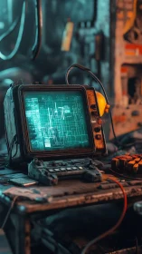 Retro terminal with schematic display in workshop scene.