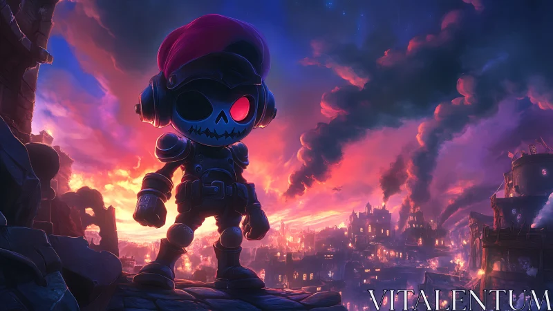 Chibi skull soldier overlooks burning neon fantasy city.