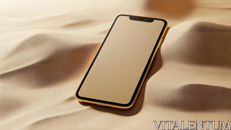 Modern smartphone with gold edges on smooth sand, realistic style.