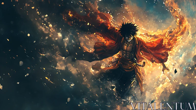 Male anime fighter in fiery cloak amid glowing debris field.