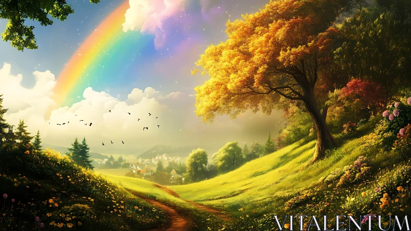 Radiant hillside rainbow over sunlit village valley scene.
