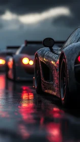 Rain-soaked supercars idle on reflective track at dusk