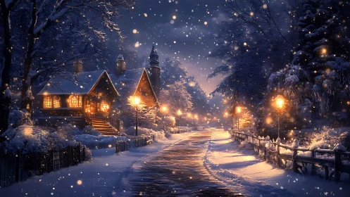 Cozy winter cottage glowing beside a peaceful snowy lane.