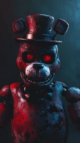 Rust-corroded animatronic bear glows with intense red eyes.