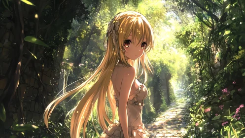 Anime girl illuminated by dappled sunlight in verdant ruin corridor