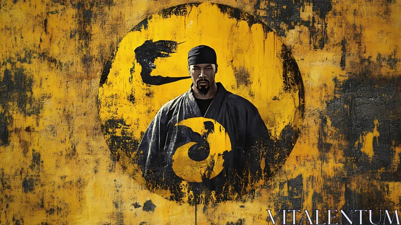 Martial artist stands within weathered yellow ink circle