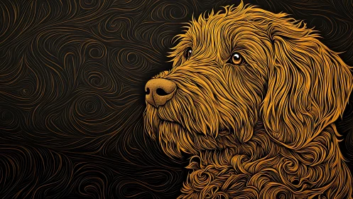 Golden line-art dog portrait glows against swirling dark backdrop