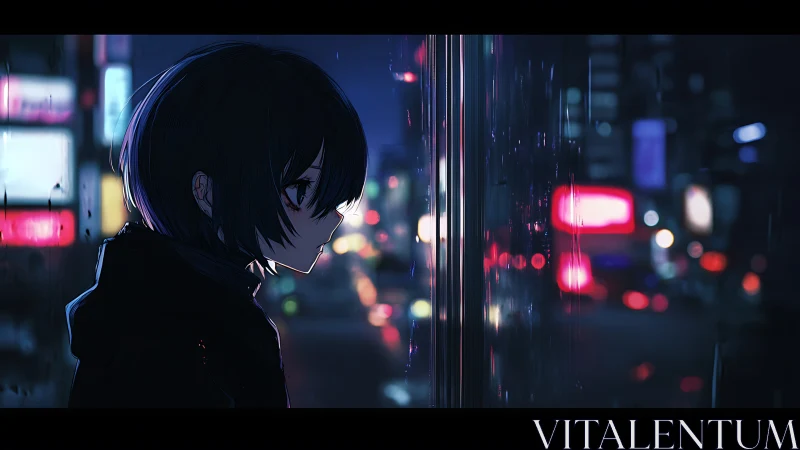 Neon rain cradles a pensive girl in split city light