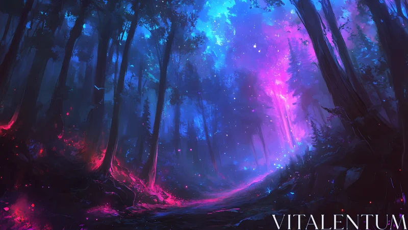 Neon Forest Portal with Luminous Particle Convergence