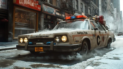 Retro-futuristic police cruiser powers through wet city street.