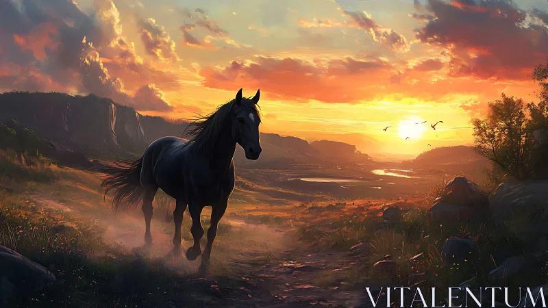 Sunlit valley path with galloping horse in painterly sunset landscape.