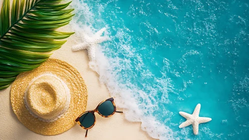 Sunny beach day with straw hat, starfish, and turquoise sea.