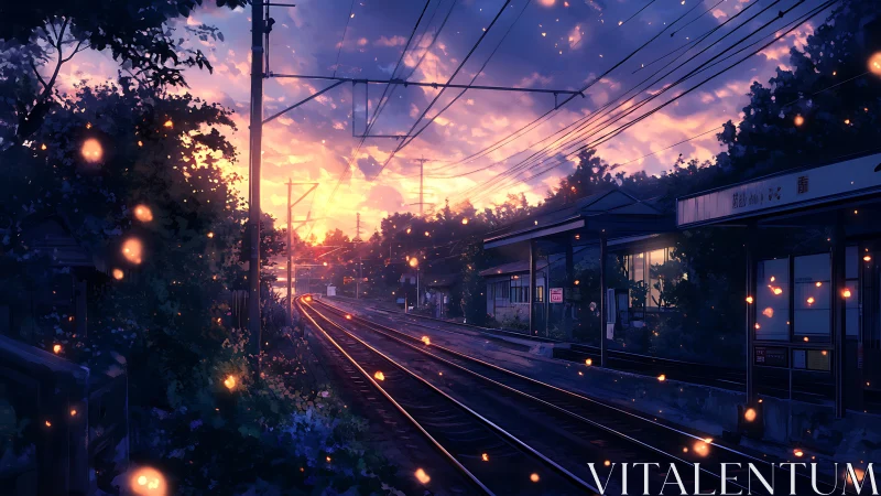 Anime twilight rail station with glowing firefly atmospherics.