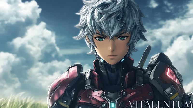 Armored anime warrior under dramatic cloudy sky portrait.