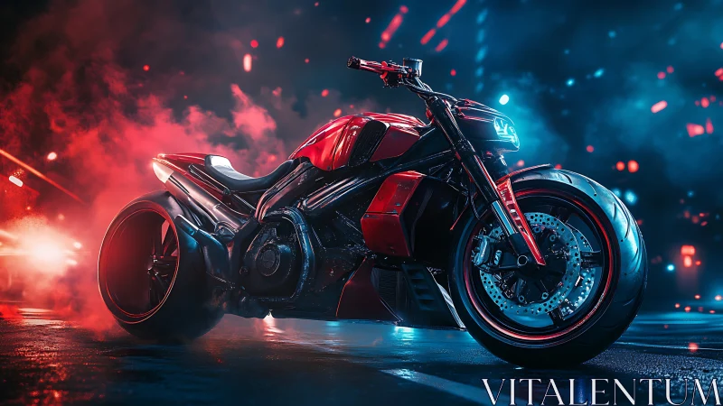 Neon smoke crowns a cyberpunk motorcycle poised for launch