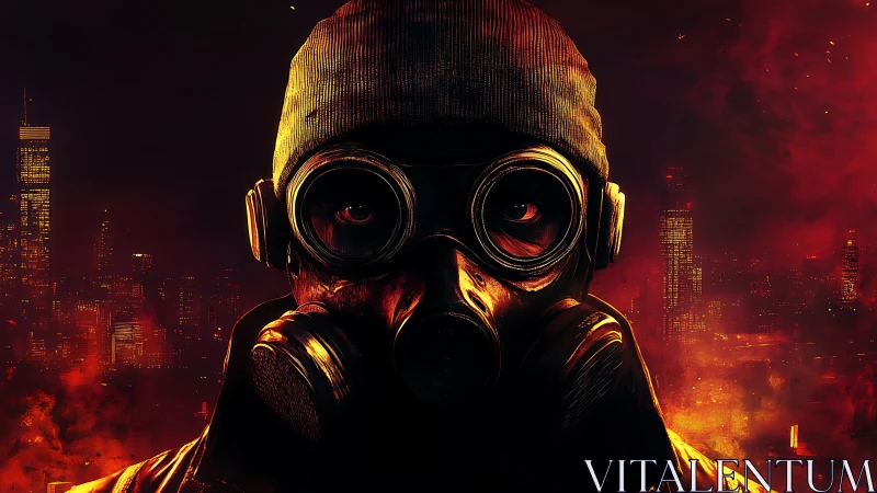 Masked survivor in burning cityscape under red sky.