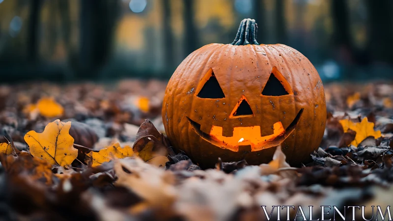 Jack-o-lantern grins wide while autumn forest quietly glows