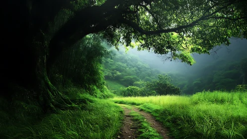 Misty Valley Path Beneath Ancient Tree Canopy.